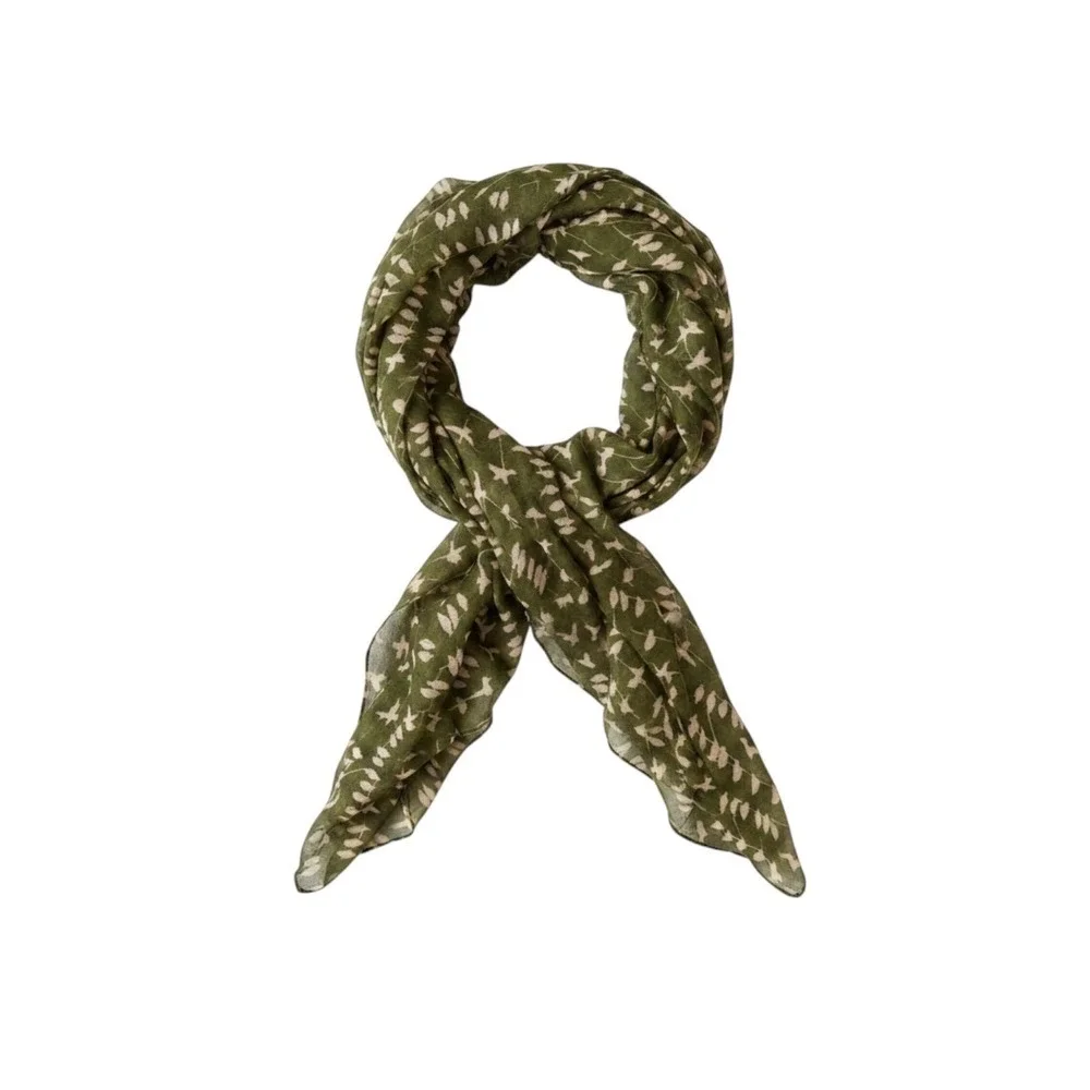 Olive Green Botanical Leaf Print Scarf Lightweight Semi Sheer Wrap Accessory